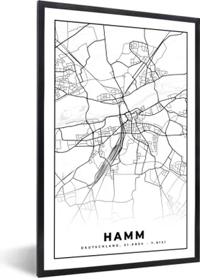 Produktbild von MuchoWow® Gerahmtes Poster Karte - Hamm - Stadtplan - Karte 20x30 cm - Poster mit Schwarzem Bilderrahmen Wandposter Rahmen Foto Bilder - Drucken - Bilder Poster im Rahmen