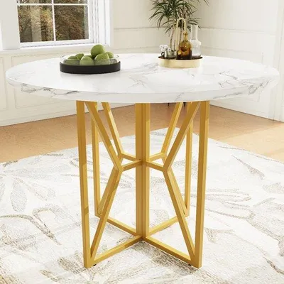 Image de Table de salle à manger ronde - Plateau en MDF - Pieds dorés - Finition marbrée