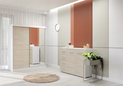 Produktbild von 2er-Set Schwebetürenschrank Schrank Kleiderschrank mit Spiegel 150cm Weiß/Sonoma  Bono 05 mit Kommode 135cm FRIDA 01