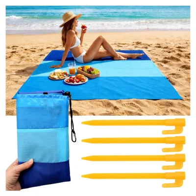 Produktbild von Stranddecke sandfrei 210 x 200 cm, wasserdichte Strandmatte mit Befestigungsnägeln und Tasche, tragbare faltbare Picknickdecke für Strand, Camping, Picknick
