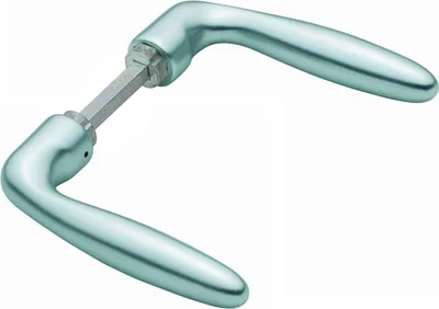 A pair of silver door handles on a white background.