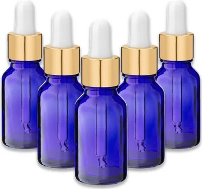 Produktbild von 5x Blaue Glasflasche 15 ml mit goldener Aluminium-Pipette Tropfflasche