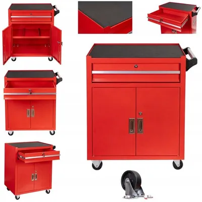 Immagine prodotto di Carrello-armadietto metallico portautensili rosso, porta attrezzi multifunzione 2 ante e cassetto con serratura con ruote mobile, organizzatore per officina garage,Premium 73 × 63 × 40 cm Invento