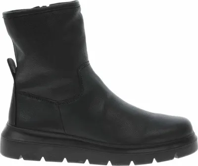 A black leather boot on a white background.