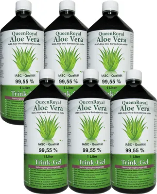 Produktbild von QueenRoyal Aloe Vera Trinkgel 6x 1 Liter Flasche 99.55% Barbadensis Miller Blattgel unverdünnt KEIN Saft KEIN Konzentrat OHNE künstliche Vitamine.