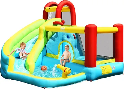 Produktbild von GOPLUS Aufblasbare Hüpfburg, Wasserpark mit Rutsche, Planschbecken, Kletterwand, Basketballkorb & Wasserkanone, Spielburg für Kinder von 3-10 Jahren (Ohne Gebläse)