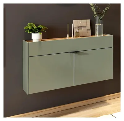 Produktbild von Flurschrank Schuhschrank 110cm in grün mit Eiche ideal für schmale Flure, B/H/T ca. 110/57/22 cm