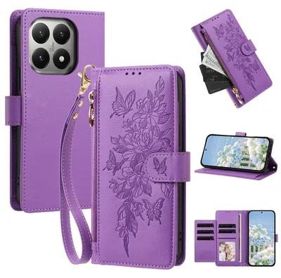 Produktbild von Handyhülle für Xiaomi 15T, Wallet Case Kunstleder mit Kartenfächern, Reißverschluss und Handschlaufe Lila