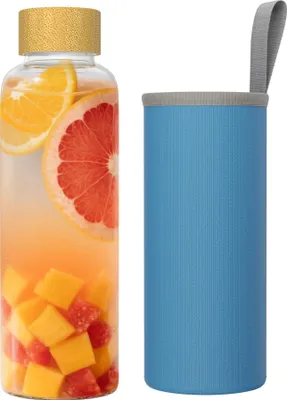 Produktbild von LZQ Glastrinkflasche 550 ml mit Holzdeckel & blauem Stoffbezug, Glasflasche für heiße & kalte Getränke, spülmaschinenfest