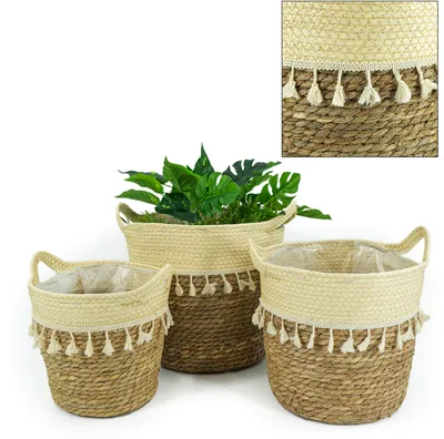 Produktbild von Noor Living 3er Set Korb Pflanzkorb aus Gras und Papiergeflecht mit Bommeln