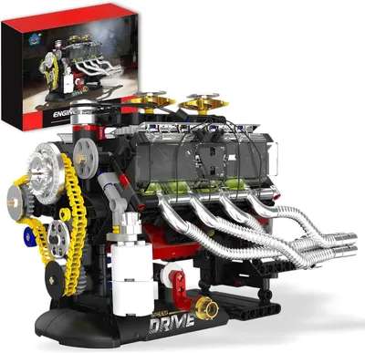 Productafbeelding van Model Motor Bouwpakket - V8 Motor Model - Mechanisch Knutselen - Handzwengel Aandrijving - Schaal 1:4 - Zwart en Zilver