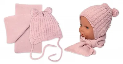 Obrázek produktu pro Baby Nellys Zimní čepice na zavazování s bambulky + šál,  - pudrově růžová