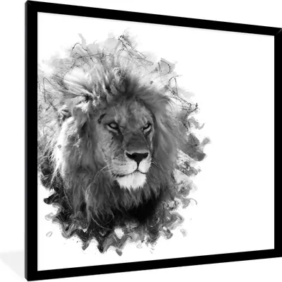 Produktbild von MuchoWow® Gerahmtes Poster Löwe - Linie - Schwarz - Weiß 40x40 cm - Poster mit Schwarzem Bilderrahmen Wandposter Rahmen Foto Bilder - Mit Rahmen - Wanddekoration Schlafzimmer