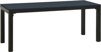 A dark blue bench with a black metal frame is shown against a white background.