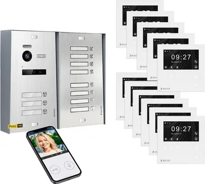 Produktbild von BALTER EVO HD Aufputz Video Türsprechanlage Silber 11x 4.3 Zoll Mini HD WiFi Monitor Weiß Set für 11 Familienhaus