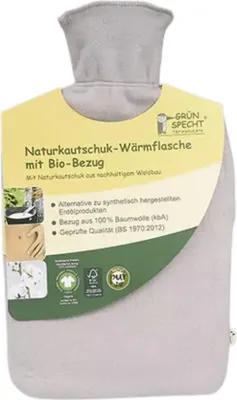 A gray hot water bottle with a yellow and green label is shown against a white background.