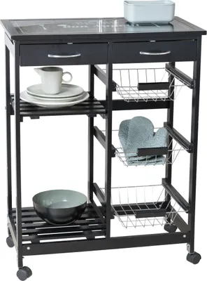 A black kitchen cart with drawers, shelves, and baskets, containing kitchen items like plates, a mug, a bowl, and oven mitts.