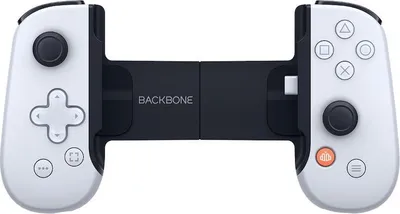 A white and black mobile gaming controller for iPhone, in the PlayStation Edition.