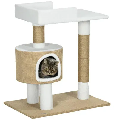 Productafbeelding van Kartonnen kraboom met kattenhuis | Kleur: Bruin + Wit | Afmetingen: 49x70x79 cm