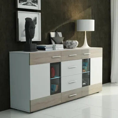 Produktbild von Masseno Kommode TARANTO 169 cm Sideboard mit 4 Schubladen und 2 Türen für Wohnzimmer Schlafzimmer Modern 169x40x79 cm Weiß / Sonoma Eiche