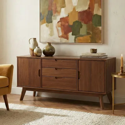 Produktbild von Sideboard TIVOLI skandinavischen Design Kastanien dunkel braun lackiert - Kommode aus Massivholz, mit 2 Türen und 3 Schubladen, Buffetschrank Geschirrschrank