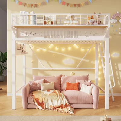 Produktbild von Hochbett 90 x 200 cm, Metallbettgestell, Staufächer, offene untere Ebene, ohne Matratze, Weiß
