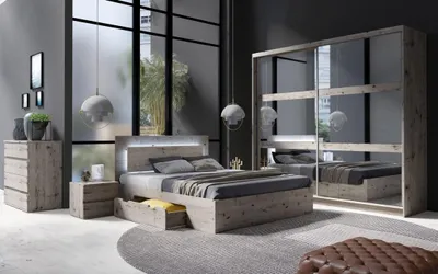 Productafbeelding van Complete kamer VELTIS - Bed 180x200 LED met lattenbodem + kledingkast + dressoir + nachtkastjes - Zwart essen