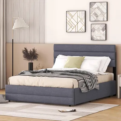 Immagine prodotto di okwish 140 x 200 cm Letto a piattaforma, letto imbottito, con doppia testata e due cassetti, grigio