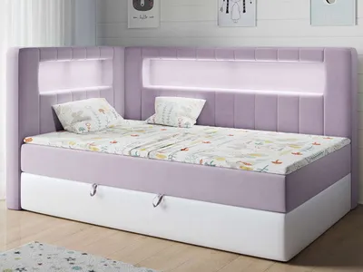Produktbild von Polsterbett 90x200, Kinderbett mit LED, Matratze und Topper - JUNIOR-GOLD-3 - Violet/Weiß - Linke Seite