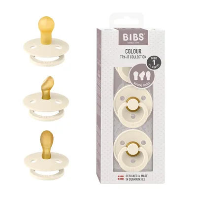 Produktbild von BIBS Colour Try-It Kollektion: 3 Schnuller für die einzigartigen Bedürfnisse Ihres Babys, Kirschform, Symmetrische und Kiefergerechte Sauger. Naturkautschuk / Latex, 0+ Monate (3er Pack), Ivory