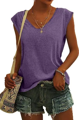 Image de ASKSA Femme col V manches papillon T-shirt été Unicolore Débardeur Basic Chemise Tee Tops, Violet, L
