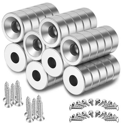 Produktbild von Packung mit 40 extra starken Neodym-Magneten 8 x 3 mm, multifunktionale runde Magnete mit Senkkopf, Topfmagnete mit Schrauben, für Magnettafeln, Kühlschränke, Küchen und Büros.