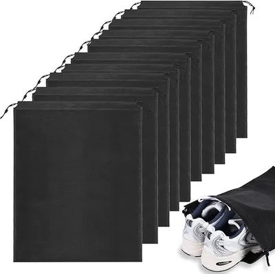Produktbild von 10er Schuhbeutel, Wasserabweisend Schuhtasche Staubdicht Schuhsack Stoffbeutel mit Zugband, Travel Aufbewahrungsbeutel Organizer für Reisen Zuhause, 35 * 45cm, Schwarz