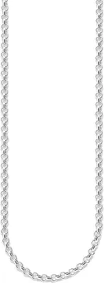 A close-up of a silver chain on a white background.