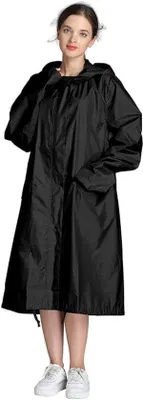 Produktbild von Famanu Regenjacke für Damen, wasserdicht mit Kapuze, Reißverschluss und Taschen - Schwarz, Größe M