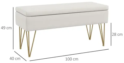 Image de Banc coffre - Pouf de lit pour chambre - Revêtement en lin synthétique rembourré - Pieds en métal - Design moderne - Pour entrée et couloir - Crème