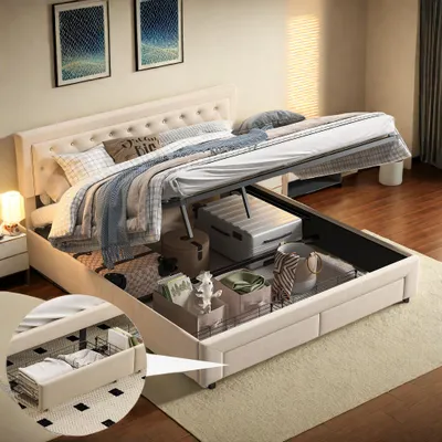 Image de Lit rembourré UnboxG 180x200 cm en velours beige avec espace de rangement, lit double hydraulique avec 2 tiroirs au pied du lit, sommier à lattes