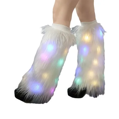 Produktbild von Kunstfell beinwärmer 40cm weiß mit beleuchtung,flauschige stulpen Beinmanschetten für karneval, cosplay, tanz und winter outfits