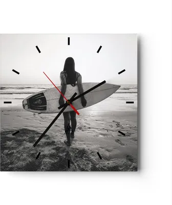 Produktbild von Wanduhr - Quadrat - Glasuhr - Frau Strand Surfen - 40x40cm - Schleichendes Uhrwerk - Lautlos - zum Aufhängen bereit - Dekoration Modern - Wanddekoration aus Glas - C3AC40x40-5036