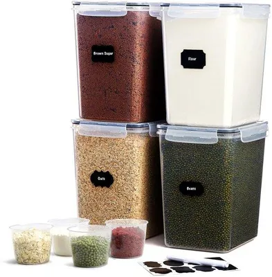 Produktbild von Unyqoos® 4er-Set extra große luftdichte Vorratsbehälter 5,2 l – BPA-freier Kunststoff, Silikondichtung & Klickverschluss, mit Messbechern & Etiketten