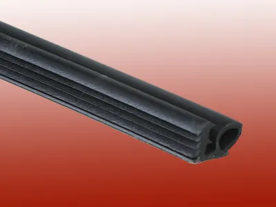 A black rubber seal with multiple ridges and a hollow section, presented diagonally against a gradient background.