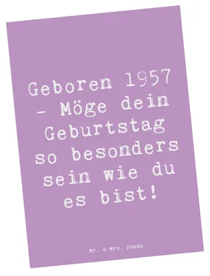 Produktbild von Mr. & Mrs. Panda Postkarte Spruch 1957 Geburtstag - Lavendeltraum - Geschenk, Jahrgang, Glückwunsch, Ansichtskarten, Einzigartigkeit, Happy Birthday, bildkarte, Grußkarte