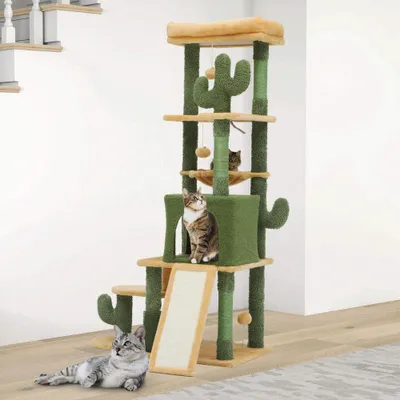 Produktbild von 153 cm hoher Kaktus-Kratzbaum mit Selbstpflegebürste, niedlicher Kletterturm für Hauskatzen mit Katzenhaus, Sitzstange, Korb