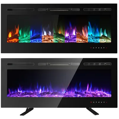 Image de Cheminée électrique murale - 102 cm - 1800 watts - Verre noir - Effet de flamme réaliste