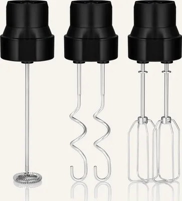 Three different attachments for a hand mixer are displayed against a white background.