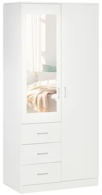 Imagen del producto de Armario Ropero de 2 Puertas con Espejo 3 Cajones Estantes Ajustables y Barra para Colgar Incluida 80x50x180 cm Blanco