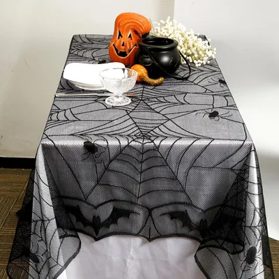 Produktbild von Halloween - Halloween Dekoration - Tischdecke - Tischdecke Schwarz - Halloween Spinnennetz Dekoration - Halloween Tischdecke Spinnennetzstoff - rechteckig - Halloween Spinnennetz Tischdecke - für drinnen und draußen - 122 x 244 cm
