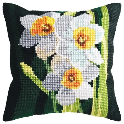 Obrázok produktu pre Kolekcia umeleckých výšiviek, súprava na výšivku vankúša „Rad narcisov“, potlačený vzor, plátno, 40x40 cm