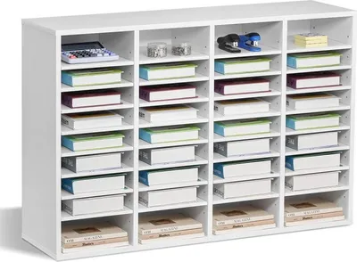 Produktbild von Organizer für Literatur mit 36 Fächern - Einstellbare Holz-Regale in Weiß - Briefablage Organizer