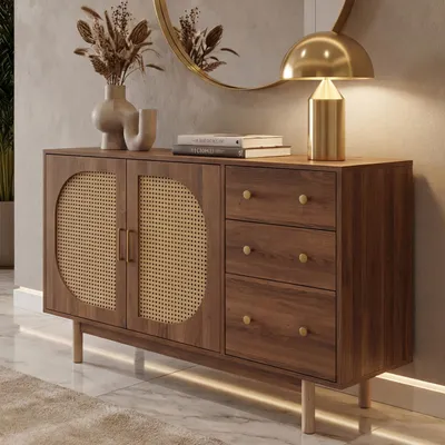 Produktbild von Sideboard HWC-P52, Schrank Kommode Highboard, Schubladen Staufächer, Poly-Rattan MDF Melamin 80x120x40cm  braun